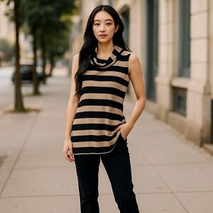 WHBM Black Tan Striped Cowl Neck Sleeveless Dress Size S SALE 💰